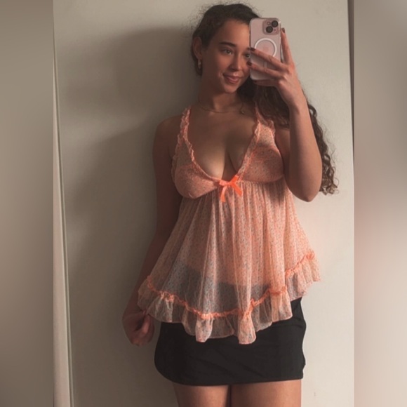 Victoria’s Secret Peek-a-boo Sheer Ruffle Babydoll Cami V Neck Lingerie Tank - Picture 1 of 13